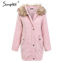 Load image into Gallery viewer, Simplee Faux fur splice hooded corduroy thick parka Winter warm soft padded coat Women 2018 lapel streetwear fashion overcoat