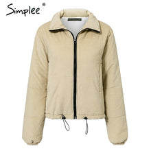 Load image into Gallery viewer, Simplee Casual drawstring corduroy thick parka Winter warm soft padded coat Women 2018 khaki lapel streetwear fashion overcoat