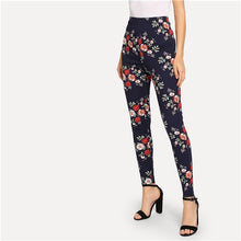 Load image into Gallery viewer, SHEIN Navy Highstreet Elegant Flower Print Skinny Leggings 2018 Autumn Casual Women Pants And Trousers