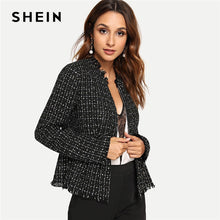 Load image into Gallery viewer, SHEIN Black Highstreet Elegant Zip Up Frayed Edge Peplum Tweed Plaid Fashion Blazer 2018 Autumn Workwear Women Coat Outerwear