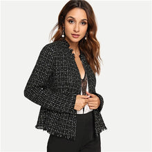 Load image into Gallery viewer, SHEIN Black Highstreet Elegant Zip Up Frayed Edge Peplum Tweed Plaid Fashion Blazer 2018 Autumn Workwear Women Coat Outerwear