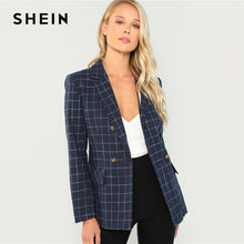 Load image into Gallery viewer, SHEIN Navy Cotton Office Lady Elegant Notched Neck Plaid Double Breasted Blazer Women Pocket Autumn Minimalist Coat Outerwear