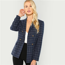 Load image into Gallery viewer, SHEIN Navy Cotton Office Lady Elegant Notched Neck Plaid Double Breasted Blazer Women Pocket Autumn Minimalist Coat Outerwear