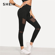 Load image into Gallery viewer, SHEIN Black Minimalist Casual Wide Waistband Mesh Insert Skinny Solid Leggings 2018 New Autumn Sexy Women Pants Trousers