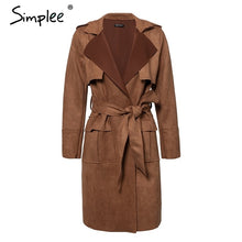 Load image into Gallery viewer, Simplee Turn down collar sash suede trench coat Casual leather pocket long women autumn coat Winter warm outwear overcoat female
