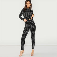 Load image into Gallery viewer, SHEIN BlackMock Neck Plaid Top &amp; Pant Set Women Stand Collar Long Sleeve  Elegant Two Pieces Sets 2018 Spring Plain Twopiece