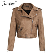 Load image into Gallery viewer, Simplee Leather suede faux leather jacket Women zipper belt moto jacket Cool streetwear ladies' leather jackets winter coat 2017
