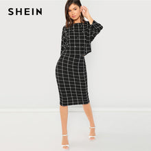 Load image into Gallery viewer, SHEIN Black Pearl Embellished Front Top &amp; Pencil Skirt Set Three Quarter Length Sleeve Elegant 2018 Spring Plain Twopiece