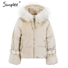 Load image into Gallery viewer, Simplee Elegant hooded fur colllar women parkas coat Winter zipper belt lace up cotton warm coat Gold velvet thicken outwear