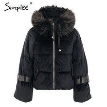Load image into Gallery viewer, Simplee Elegant hooded fur colllar women parkas coat Winter zipper belt lace up cotton warm coat Gold velvet thicken outwear