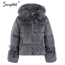 Load image into Gallery viewer, Simplee Elegant hooded fur colllar women parkas coat Winter zipper belt lace up cotton warm coat Gold velvet thicken outwear
