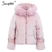 Load image into Gallery viewer, Simplee Elegant hooded fur colllar women parkas coat Winter zipper belt lace up cotton warm coat Gold velvet thicken outwear