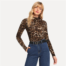 Load image into Gallery viewer, SHEIN Brown Elegant Leopard Print Mock Tee Long Sleeve Stand Collar Stretchy Tops Women Autumn Modern Lady Slim Fit T-shirts
