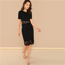 Load image into Gallery viewer, SHEIN Black Elegant Office Lady Scallop Edge Laser Cut Top And Skirt Set 2018 Summer Workwear Fashion Casual Women Two Pieces