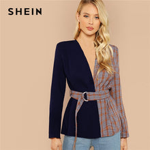 Load image into Gallery viewer, SHEIN Multicolor Elegant Office Lady Two Tone Belted Plaid Regular Fit Fashion Coat 2018 Autumn Workwear Women Coats Outerwear