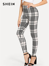 Load image into Gallery viewer, SHEIN Black And White Office Lady Highstreet Plaid Skinny High Waist Casual Leggings Summer Women Elegant Leggings Trousers