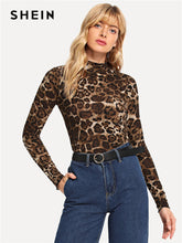 Load image into Gallery viewer, SHEIN Brown Elegant Leopard Print Mock Tee Long Sleeve Stand Collar Stretchy Tops Women Autumn Modern Lady Slim Fit T-shirts