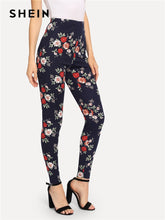 Load image into Gallery viewer, SHEIN Navy Highstreet Elegant Flower Print Skinny Leggings 2018 Autumn Casual Women Pants And Trousers