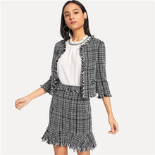 Load image into Gallery viewer, Sheinside Frayed Tweed Blazer &amp; Skirt Set 2018 Autumn Black White Plaid 2 Piece Set Women Clothes OL Work Ladies Two piece Set