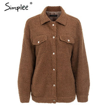 Load image into Gallery viewer, Simplee Faux fur turndown collar women winter coats Long sleeve button lambswool jackets Autumn casual warm streetwear overcoat