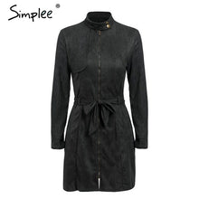 Load image into Gallery viewer, Simplee Sexy sashes suede slim trench coat women Stand collar zipper trench dress Autumn winter lady casual outwear overcoat