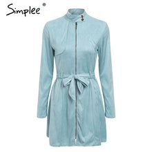 Load image into Gallery viewer, Simplee Sexy sashes suede slim trench coat women Stand collar zipper trench dress Autumn winter lady casual outwear overcoat