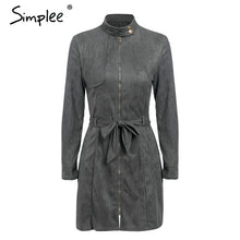Load image into Gallery viewer, Simplee Sexy sashes suede slim trench coat women Stand collar zipper trench dress Autumn winter lady casual outwear overcoat