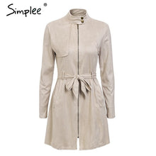 Load image into Gallery viewer, Simplee Sexy sashes suede slim trench coat women Stand collar zipper trench dress Autumn winter lady casual outwear overcoat