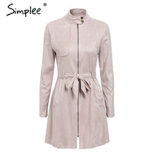 Load image into Gallery viewer, Simplee Sexy sashes suede slim trench coat women Stand collar zipper trench dress Autumn winter lady casual outwear overcoat