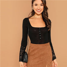 Load image into Gallery viewer, SHEIN Black Button Front Lace Cuff T-shirt Elegant Long Sleeve Scoop Neck Slim Fit Top Women Autumn Workwear Casual Tee