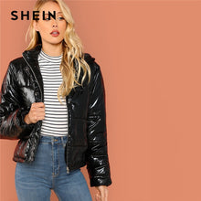 Load image into Gallery viewer, SHEIN Black Minimalist Casual Hooded Solid Zip Up Puffer Coats 2018 Autumn Winter Going Out Thermal Padded Coat Outerwear