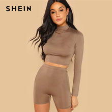 Load image into Gallery viewer, SHEIN Coffee Casual Solid Round Neck Long Sleeve Crop Tee And Legging Shorts Set 2018 Autumn Fitness Women Tow Pieces