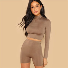 Load image into Gallery viewer, SHEIN Coffee Casual Solid Round Neck Long Sleeve Crop Tee And Legging Shorts Set 2018 Autumn Fitness Women Tow Pieces