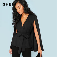 Load image into Gallery viewer, SHEIN Workwear Black Deep V Neck Surplice Neck Tie Waist Cloak Sleeve Cape Coat 2018 Streetwear Modern Lady Outerwear Coat New