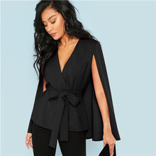 Load image into Gallery viewer, SHEIN Workwear Black Deep V Neck Surplice Neck Tie Waist Cloak Sleeve Cape Coat 2018 Streetwear Modern Lady Outerwear Coat New
