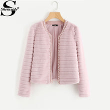 Load image into Gallery viewer, Sheinside Pink Pearl Beading Textured Faux Fur Coat Winter Collarless Cute Outerwear With Lining 2018 Womens Elegant Coats