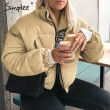 Load image into Gallery viewer, Simplee Casual drawstring corduroy thick parka Winter warm soft padded coat Women 2018 khaki lapel streetwear fashion overcoat