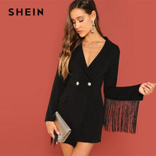 Load image into Gallery viewer, SHEIN Black Office Lady Tassel Solid Single Button Trim Notched Blazer 2018 Autumn Modern Lady Workwear Women Coat Outerwear
