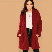 Load image into Gallery viewer, SHEIN Burgundy Casual Solid Notched Pocket Double Button Teddy Coat Winter Thermal Office Lady Fashion Women Coat And Outerwear