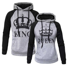 Load image into Gallery viewer, 2018 KING Queen Crown Print Unisex Men Women Autumn Hoodies Slim Sweatshirt for Couple Lovers Winter Patchwork Hooded Pullovers