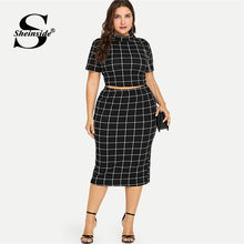 Load image into Gallery viewer, Sheinside Plus Size Two Piece Women Set Mock Neck Short Sleeve Plaid Crop Top And Skirt Set 2018 Summer Womens 2 Piece Outfits