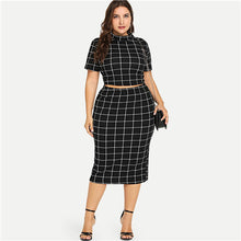 Load image into Gallery viewer, Sheinside Plus Size Two Piece Women Set Mock Neck Short Sleeve Plaid Crop Top And Skirt Set 2018 Summer Womens 2 Piece Outfits