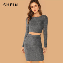 Load image into Gallery viewer, SHEIN Silver Plain Crop Form Fitting Glitter Top and Bodycon Skirt Set Women Autumn Long Sleeve Round Neck Party Two Piece Sets