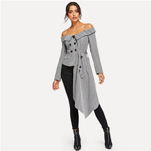 Load image into Gallery viewer, SHEIN Going Out Grey Cold Shoulder Asymmetric Hem Plaid Blazer Office Lady Long Sleeve Coat Women Autumn Elegant Outerwear