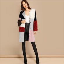 Load image into Gallery viewer, SHEIN Multicolor Single Breasted Color-Block Teddy Knee Length Faux Fur Long Sleeve Coat Winter Modern Lady Women Coat Outerwear