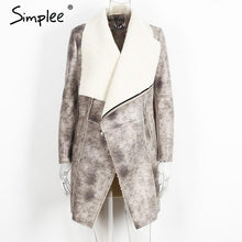 Load image into Gallery viewer, Simplee Autumn winter suede lambswool coat women 2017  Elegant warm zipper cashmere coat Turn down collar wide waisted overcoat