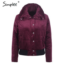 Load image into Gallery viewer, Simplee Velvet cotton padded basic jacket coat Women warm wine red   parkas jackets female 2018 autumn winter casual outerwear