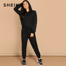 Load image into Gallery viewer, SHEIN Black Casual Leisure Solid Pearl Beading Detail Hoodie Sweatshirt And Carrot Pants Set Autumn Modern Lady Women Two Pieces