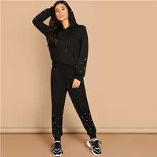 Load image into Gallery viewer, SHEIN Black Casual Leisure Solid Pearl Beading Detail Hoodie Sweatshirt And Carrot Pants Set Autumn Modern Lady Women Two Pieces