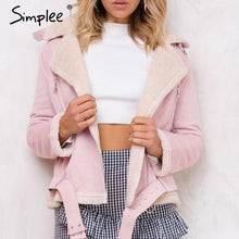 Load image into Gallery viewer, Simplee Leather suede lamb fur jacket coat women Faux suede jacket belt turn-down winter coat female Casual zipper moto overcoat